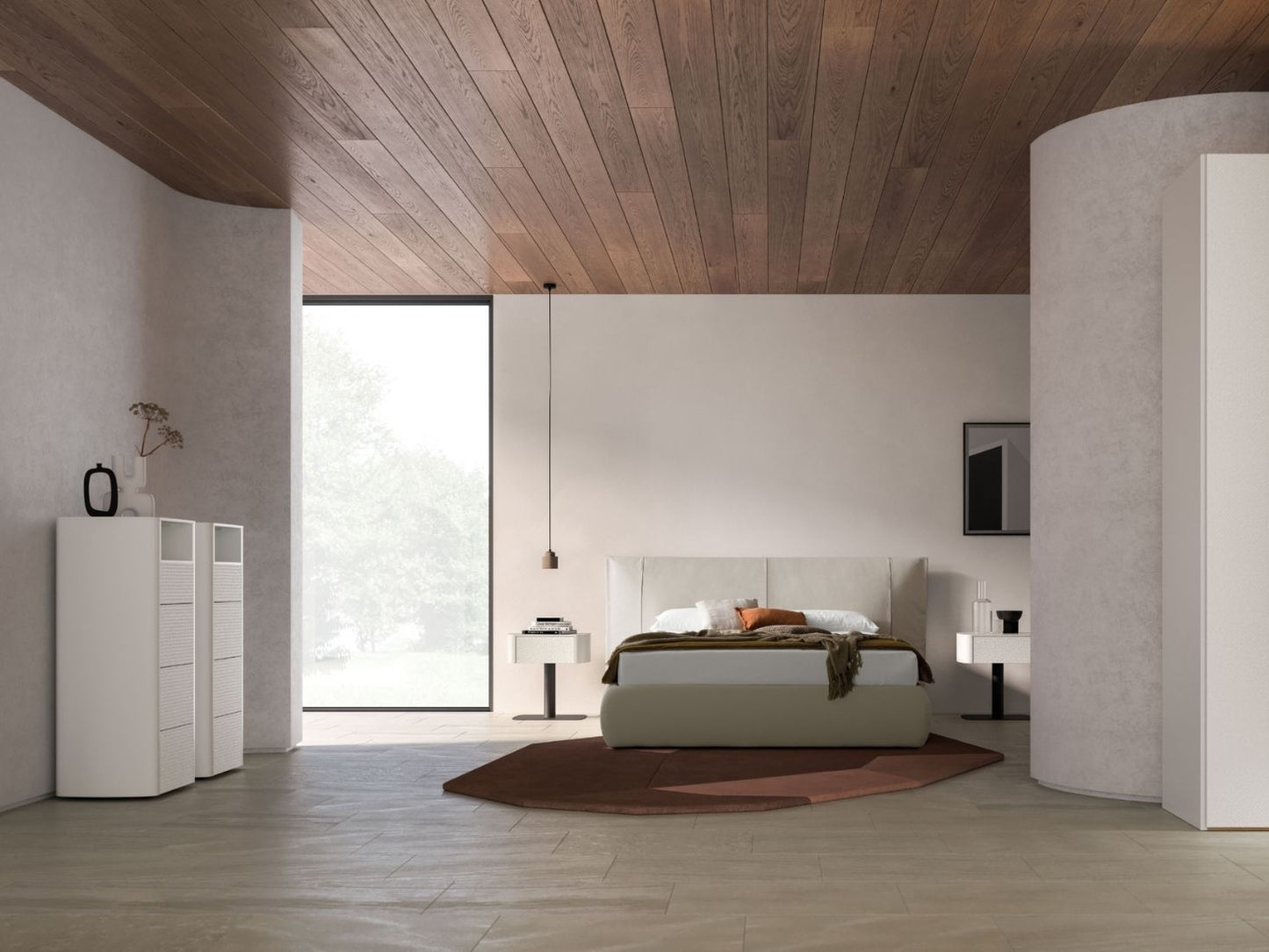 Modern bedroom with wooden ceiling and large windows