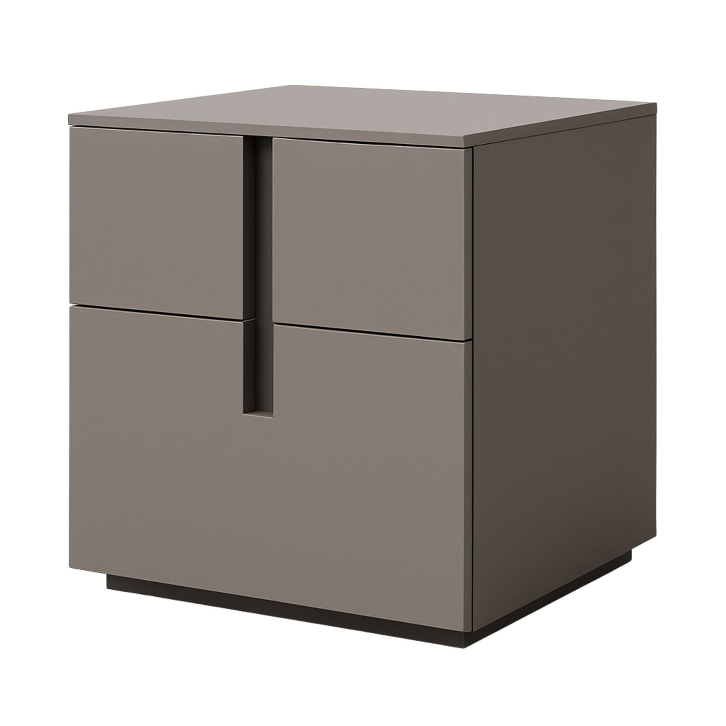 Gray side table with two drawers on a white background