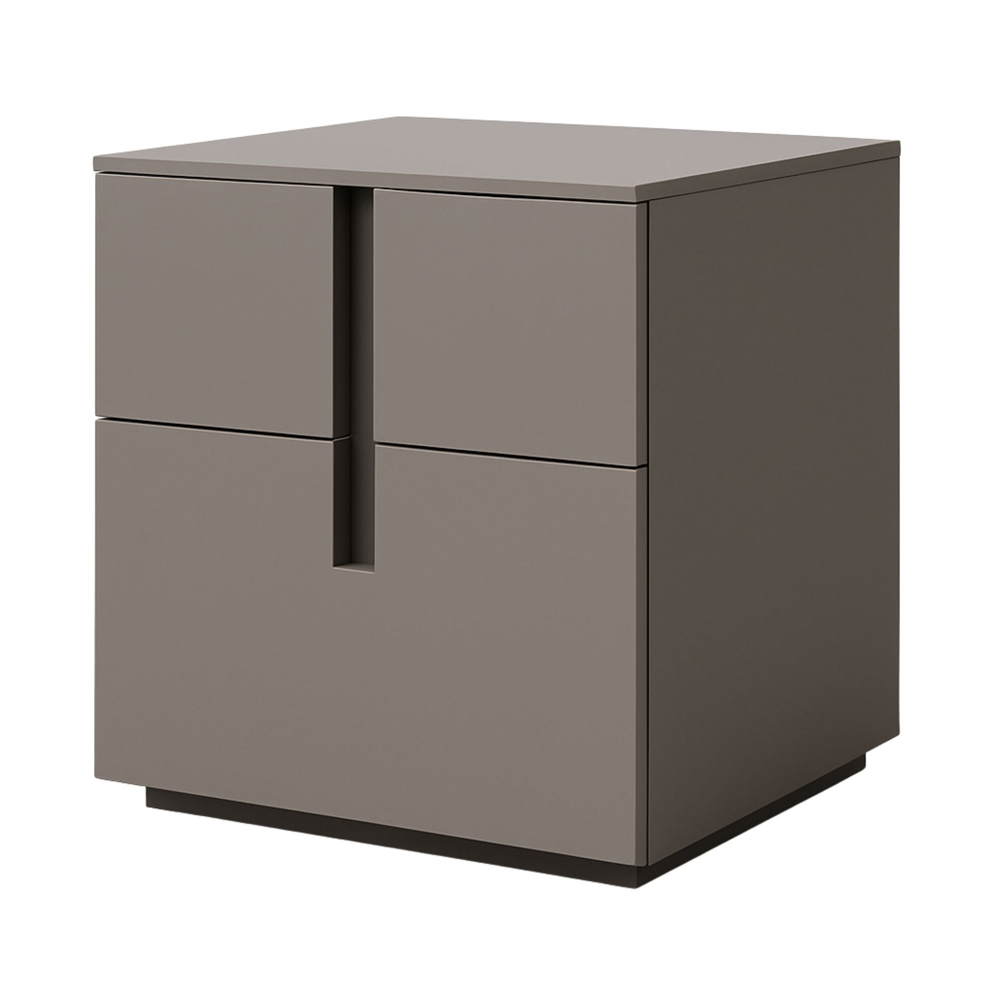 Gray side table with two drawers on a white background