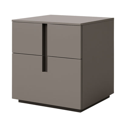 Gray side table with two drawers on a white background
