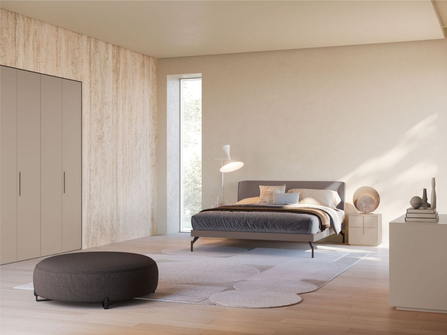 Modern bedroom with a bed, ottoman, and side table.