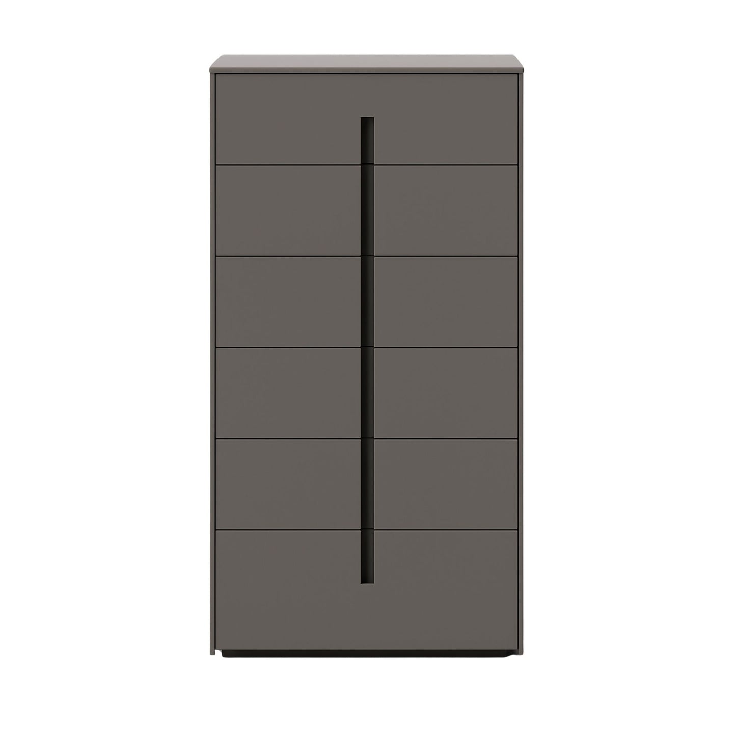 Dark gray dresser with multiple drawers on a white background