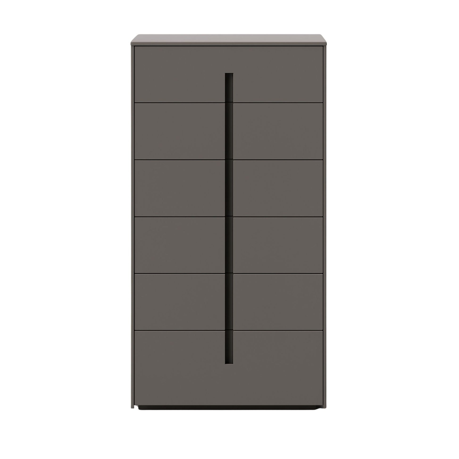 Dark gray dresser with multiple drawers on a white background