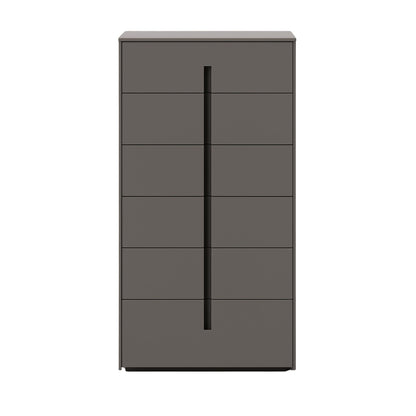 Dark gray dresser with multiple drawers on a white background