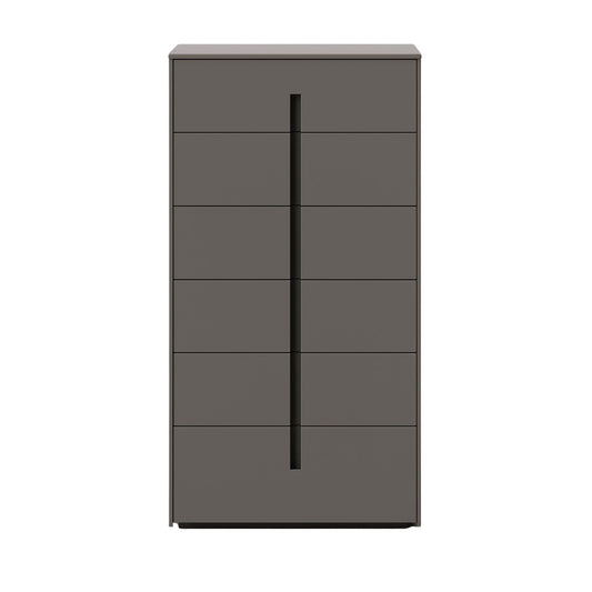 Dark gray dresser with multiple drawers on a white background