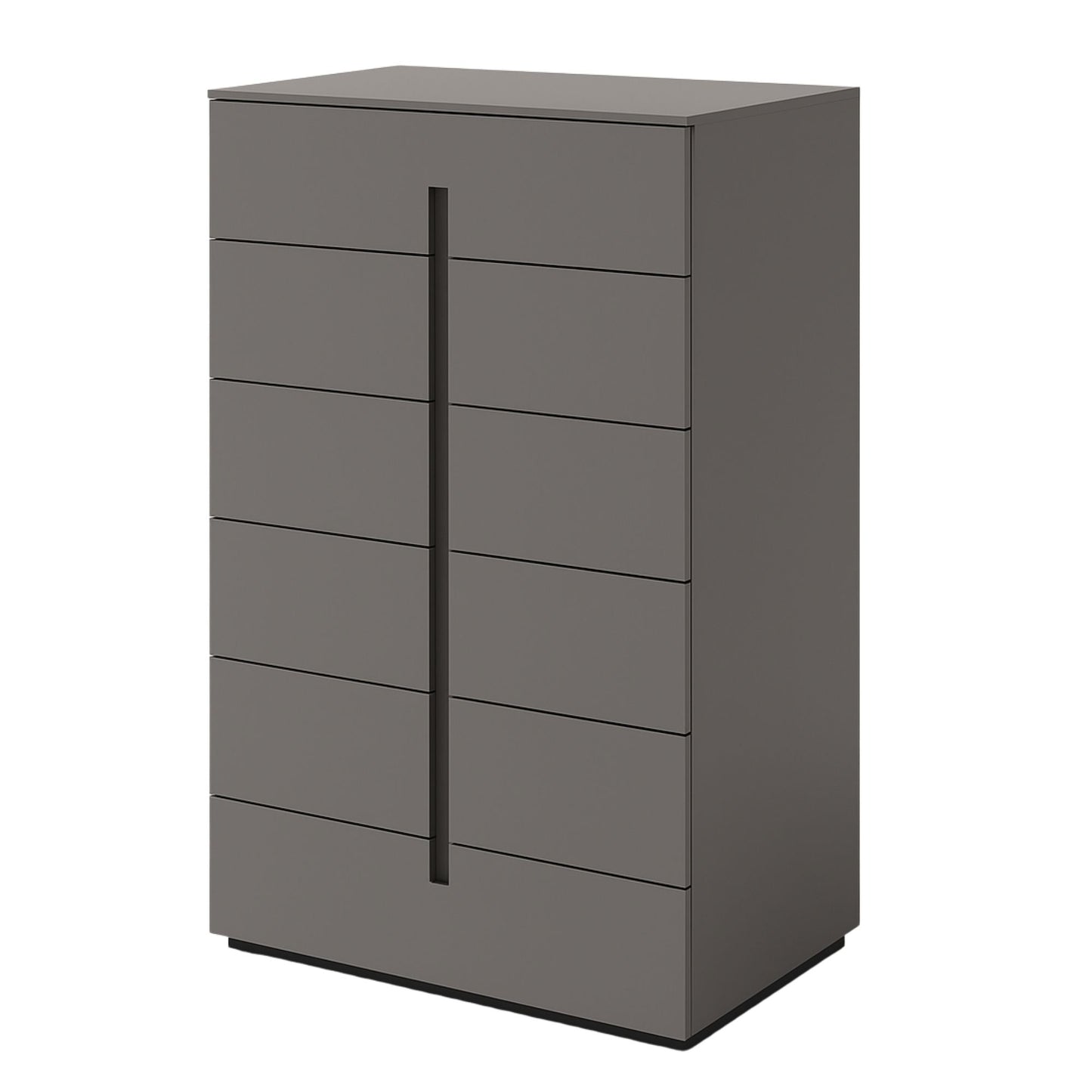 Gray dresser with multiple drawers on a white background