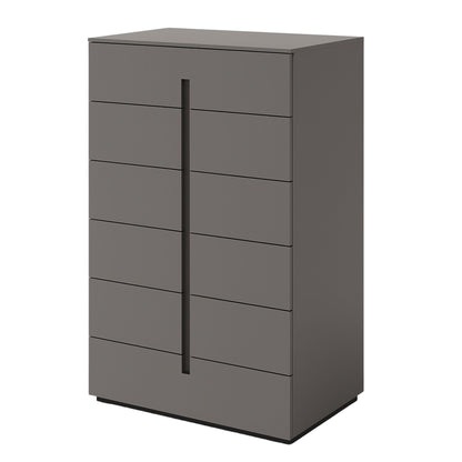 Gray dresser with multiple drawers on a white background
