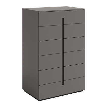 Gray dresser with multiple drawers on a white background