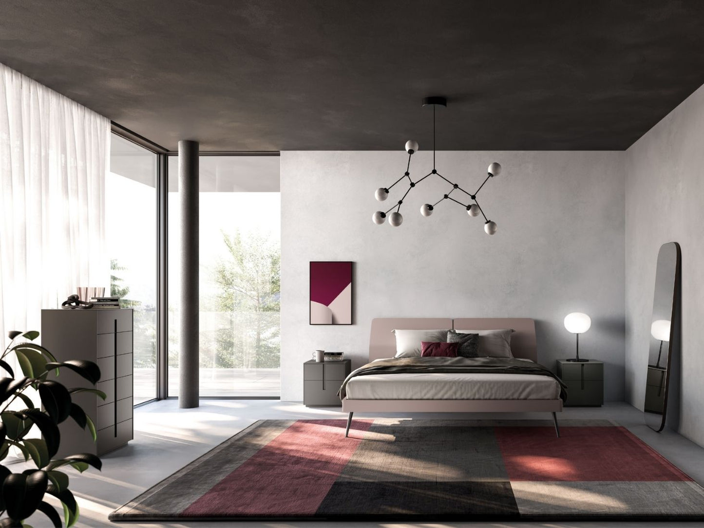 Modern bedroom with a bed, rug, and decorative elements.