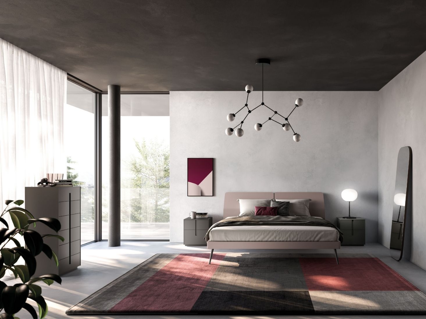 Modern bedroom with a bed, rug, and decorative elements.