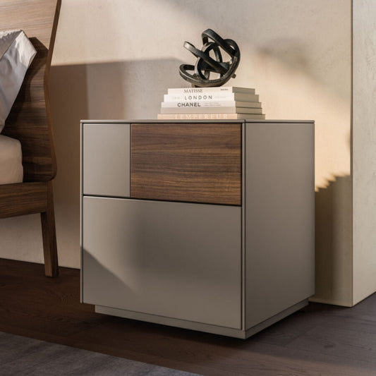 Modern nightstand with wooden and metallic design in a bedroom setting