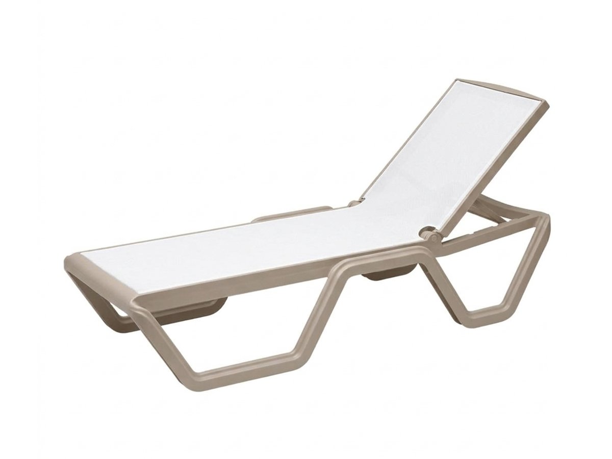 Front angled view of a white outdoor sun lounger with an adjustable backrest, breathable mesh surface, and integrated wheels.