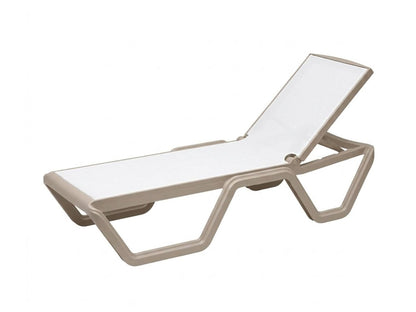 Front angled view of a white outdoor sun lounger with an adjustable backrest, breathable mesh surface, and integrated wheels.