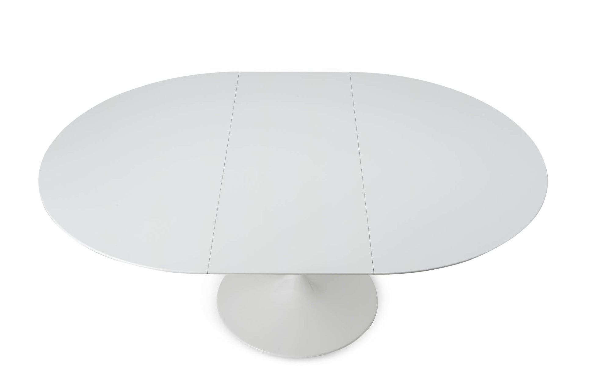 Extendable oval white tulip dining table with pedestal base shown open with central extension in a modern minimalist interior
