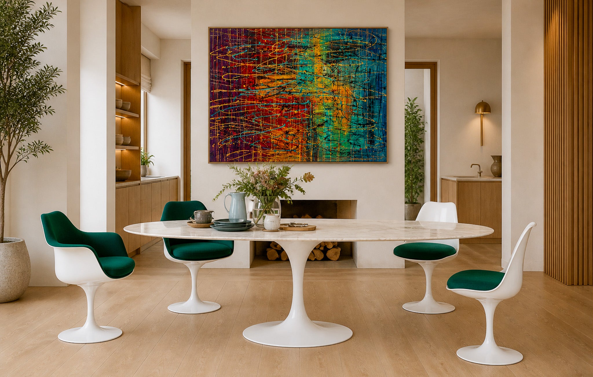 Oval Tulip dining table with marble top and white pedestal base in modern interior with green chairs and abstract wall art