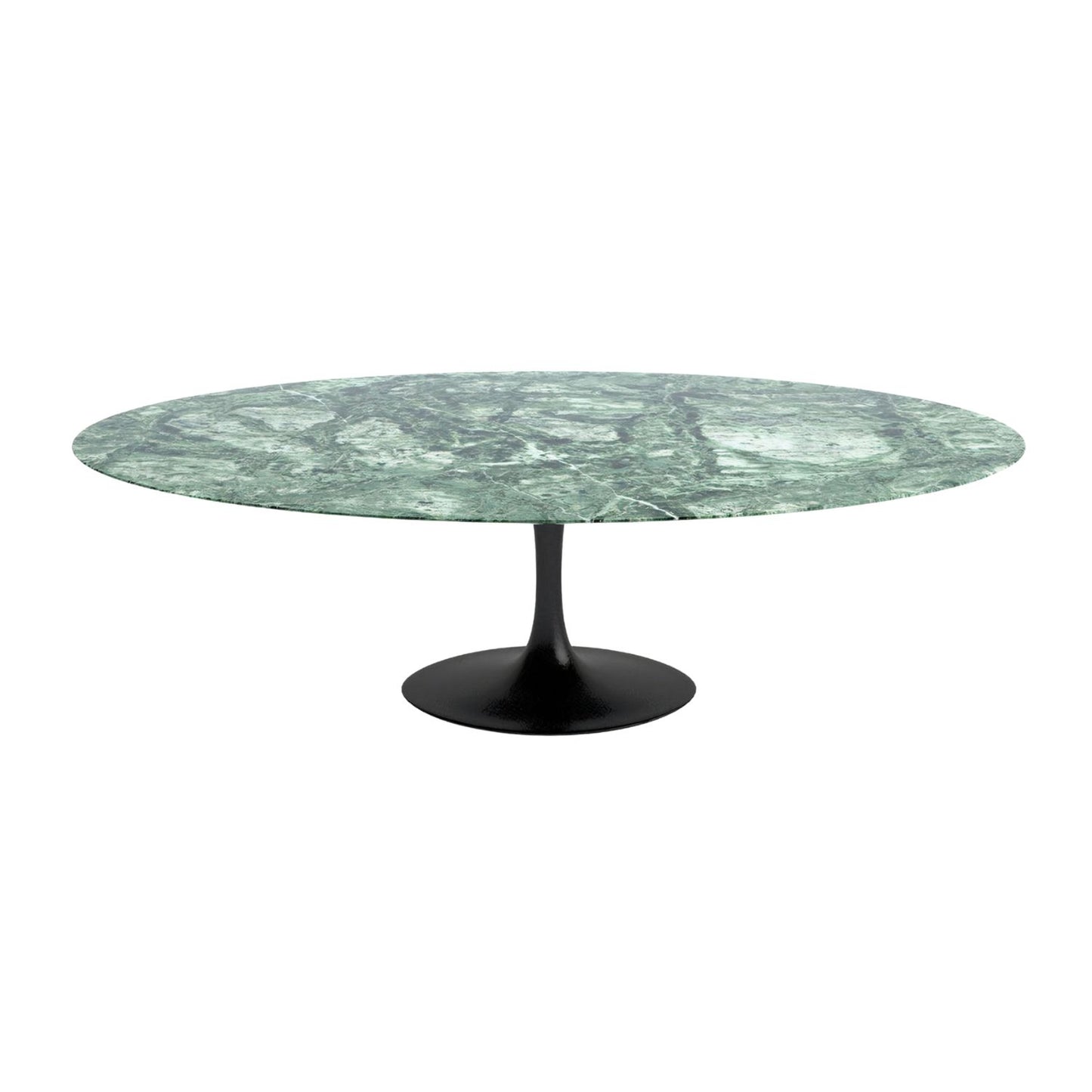 Oval tulip dining table with Verde Alpi marble top and black pedestal base on a white background