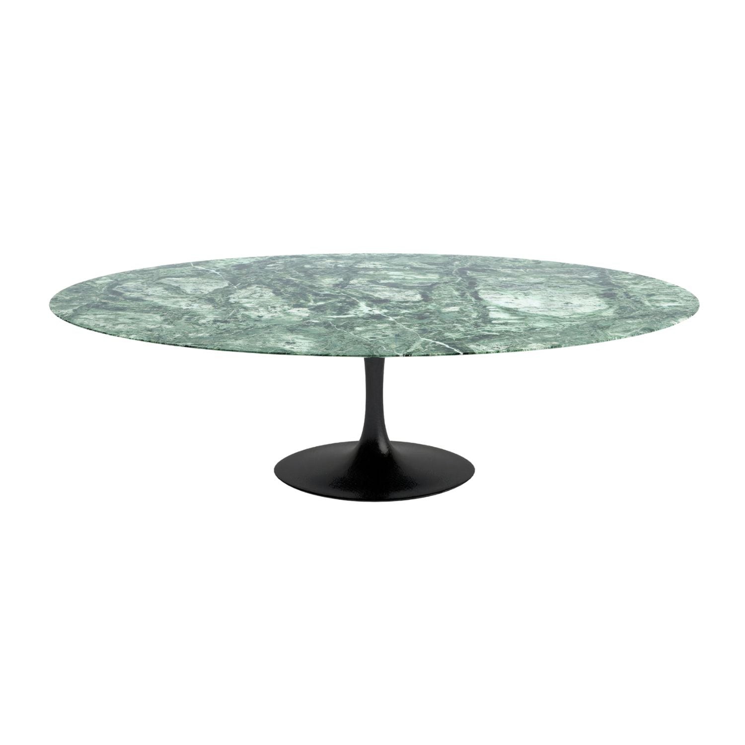Oval tulip dining table with Verde Alpi marble top and black pedestal base on a white background
