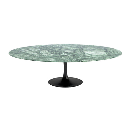Oval tulip dining table with Verde Alpi marble top and black pedestal base on a white background