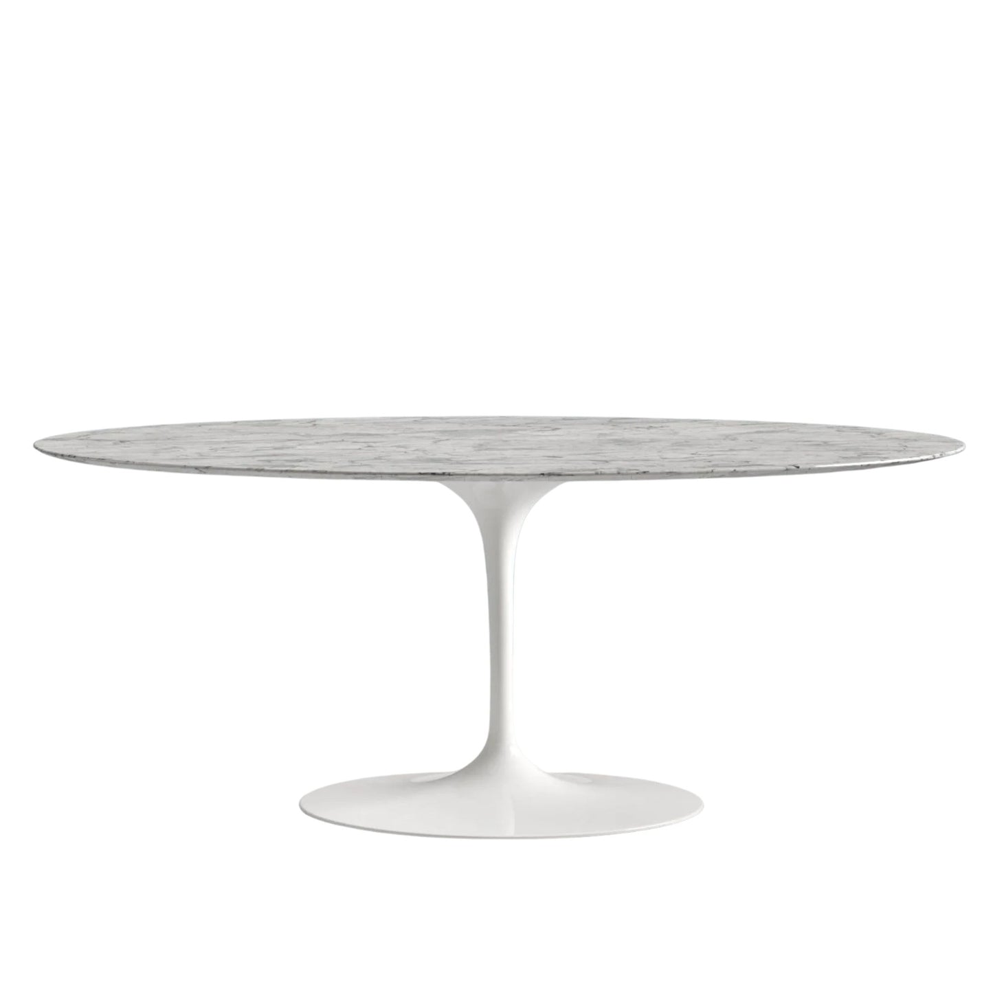 Round marble table with white base on a white background