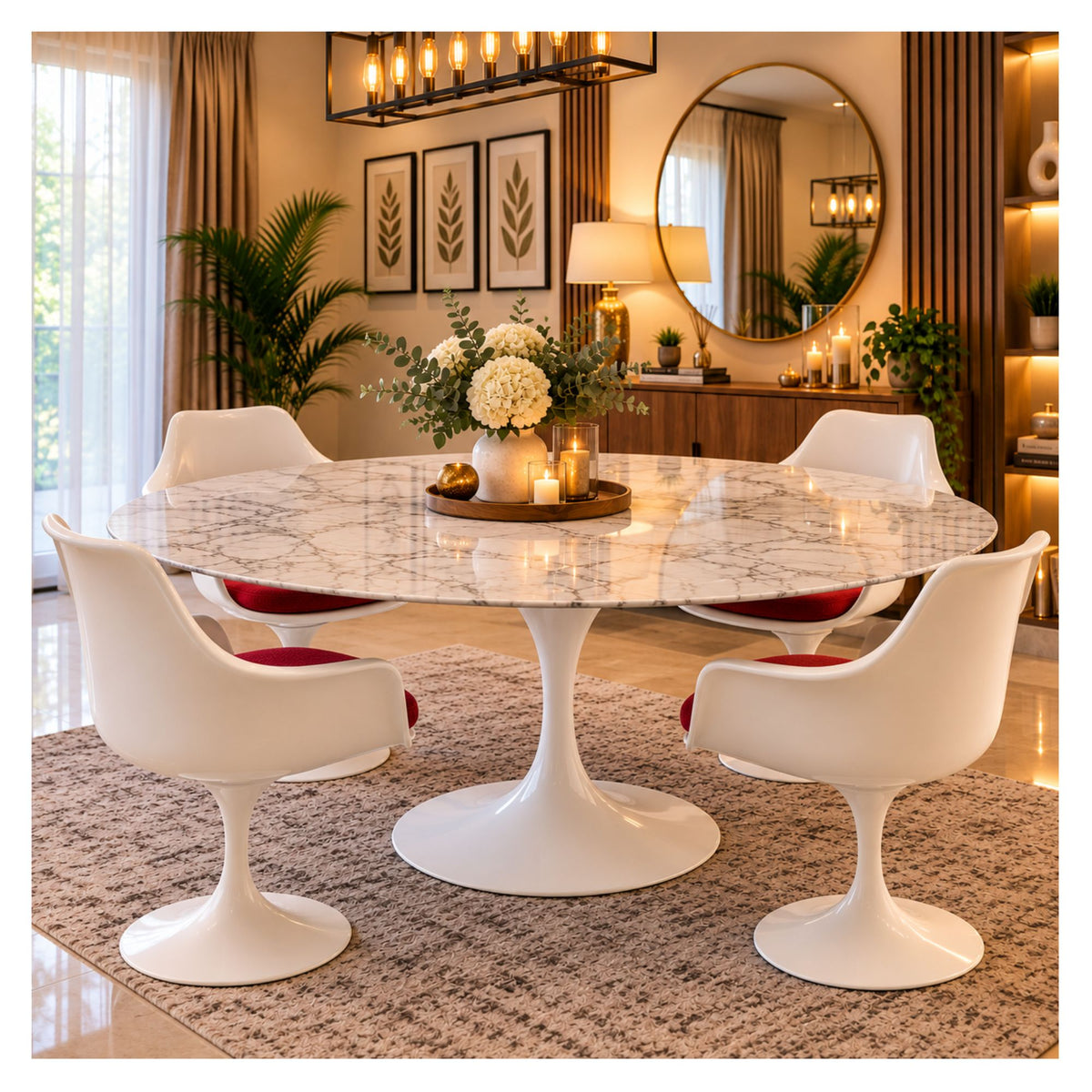 Oval white marble Tulip dining table with a white pedestal base and four white chairs with red seats, styled in a warm, elegant dining room
