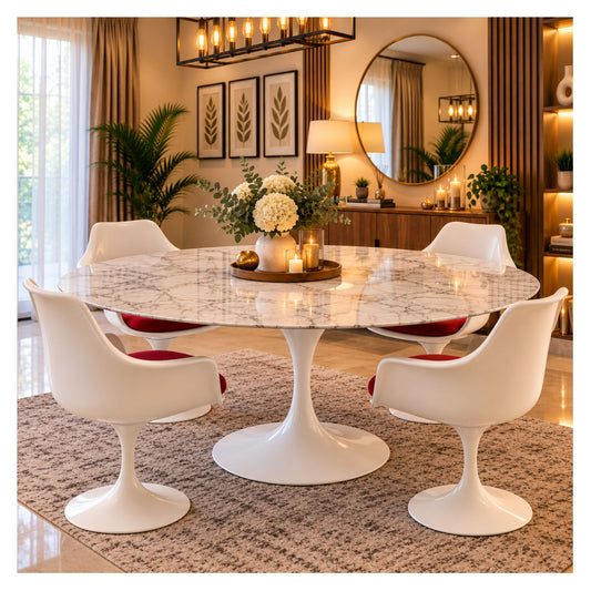 Oval white marble Tulip dining table with a white pedestal base and four white chairs with red seats, styled in a warm, elegant dining room