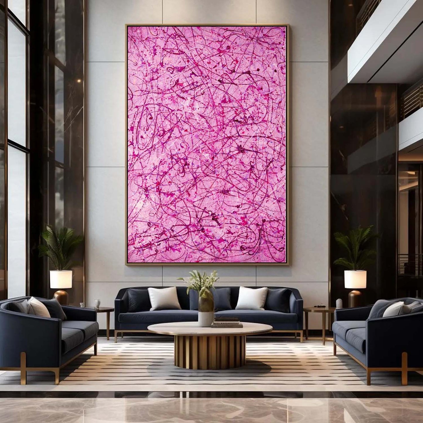 Modern living room with abstract pink artwork on the wall