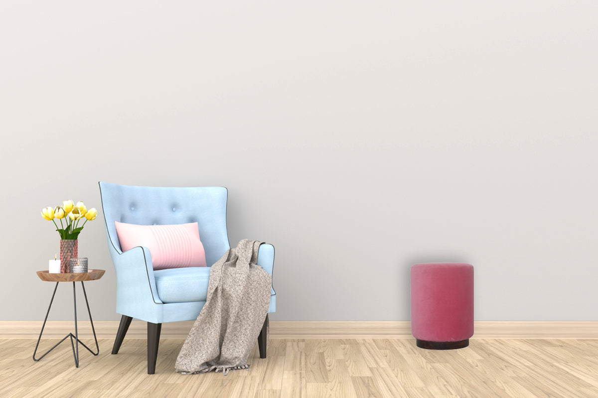 Pink Velvet Footstool with Wooden Base