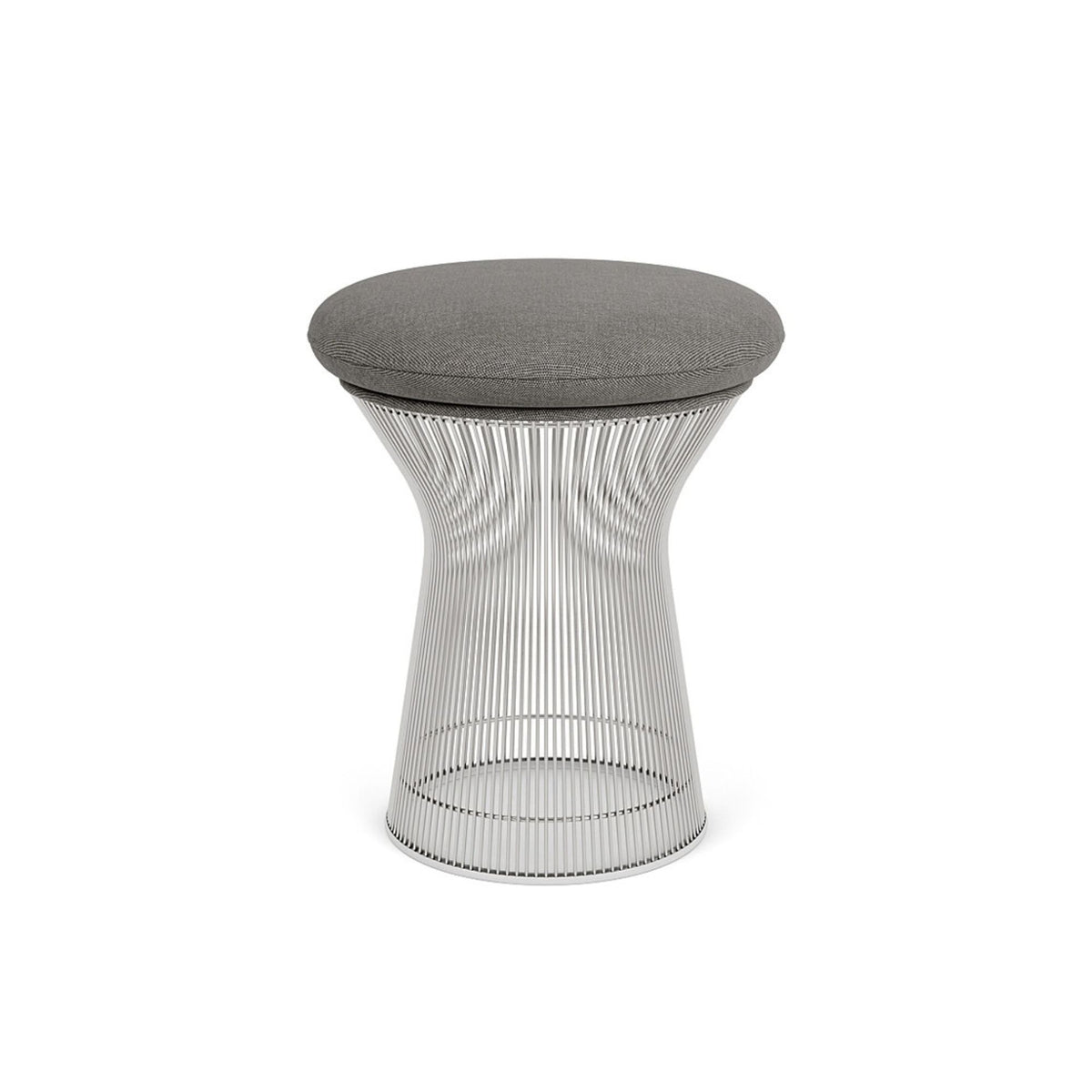 Platner-inspired upholstered stool featuring a polished stainless steel wire frame with a round grey fabric cushion.