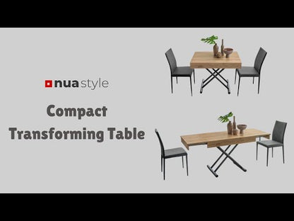 Compact convertible table by Altacom transforming from low coffee table into extendable dining table with gas lift and folding extensions
