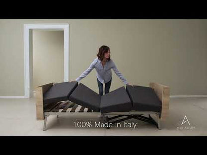 Altacom Tavoletto convertible coffee table transforming into a bed, showing step-by-step opening mechanism, sliding tabletop, and full bed setup with slatted frame and mattress