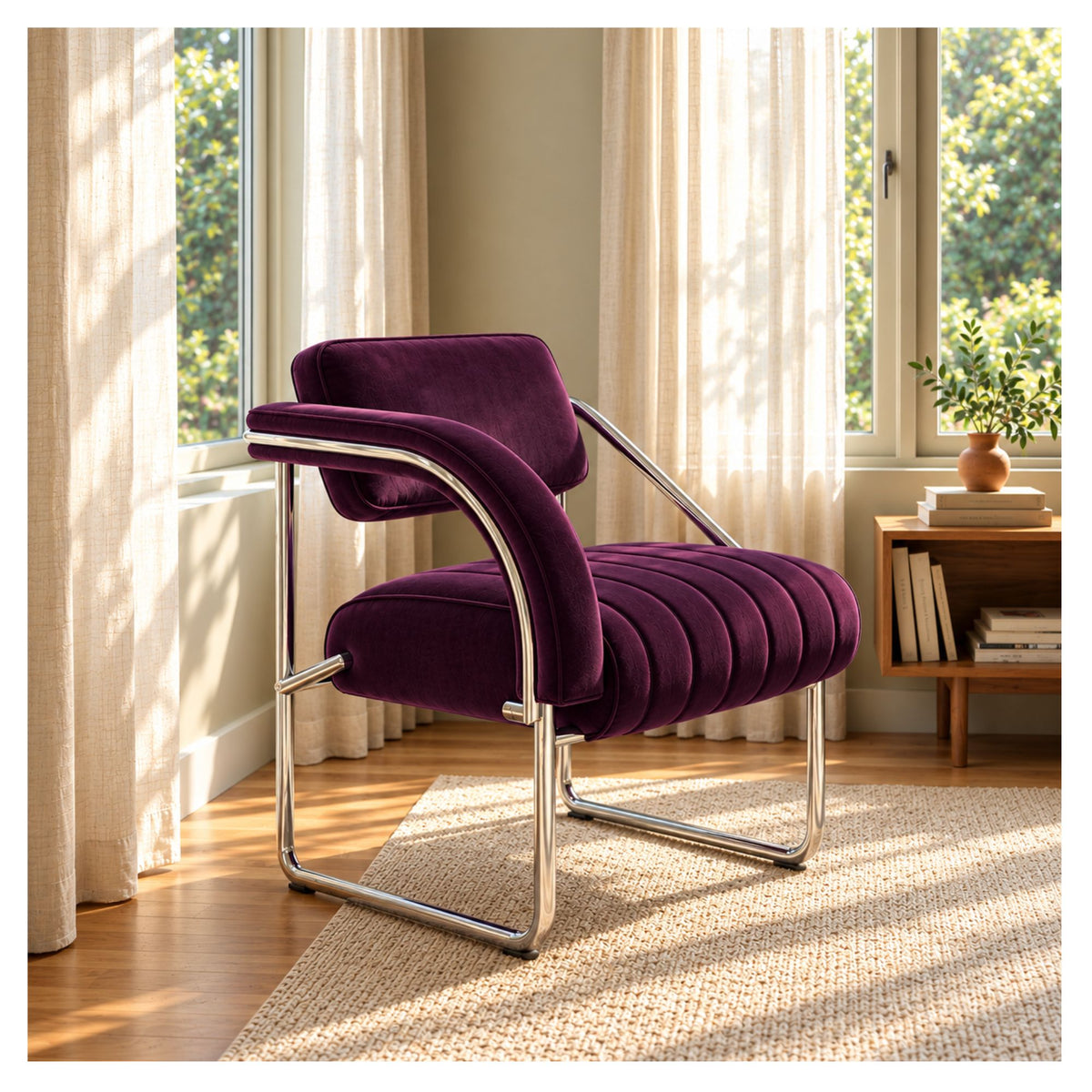Purple upholstered cantilever armchair with a polished chrome frame in a bright living room