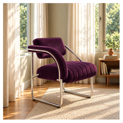 Purple upholstered cantilever armchair with a polished chrome frame in a bright living room