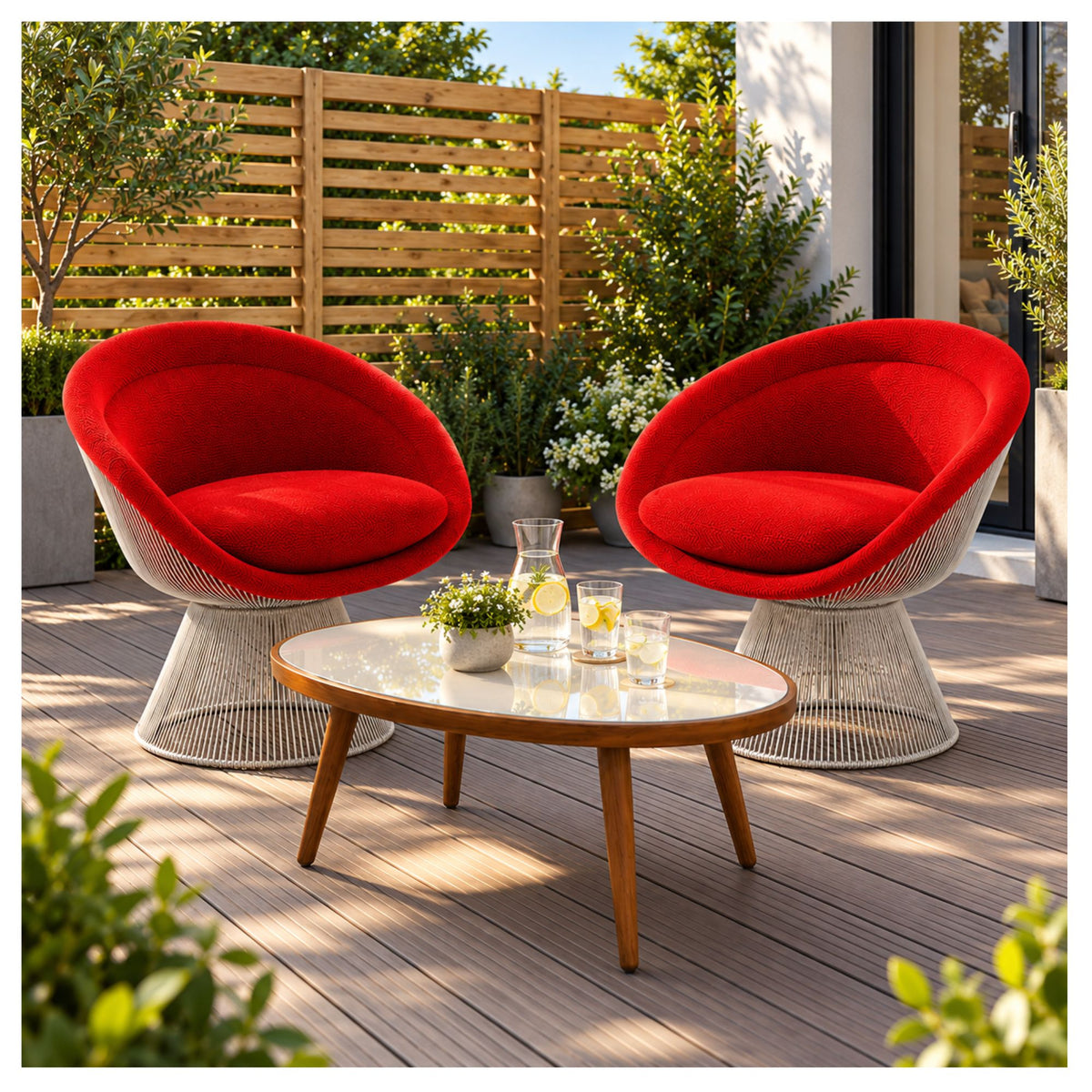 Pair of red upholstered lounge chairs with sculptural wire bases arranged around a garden table