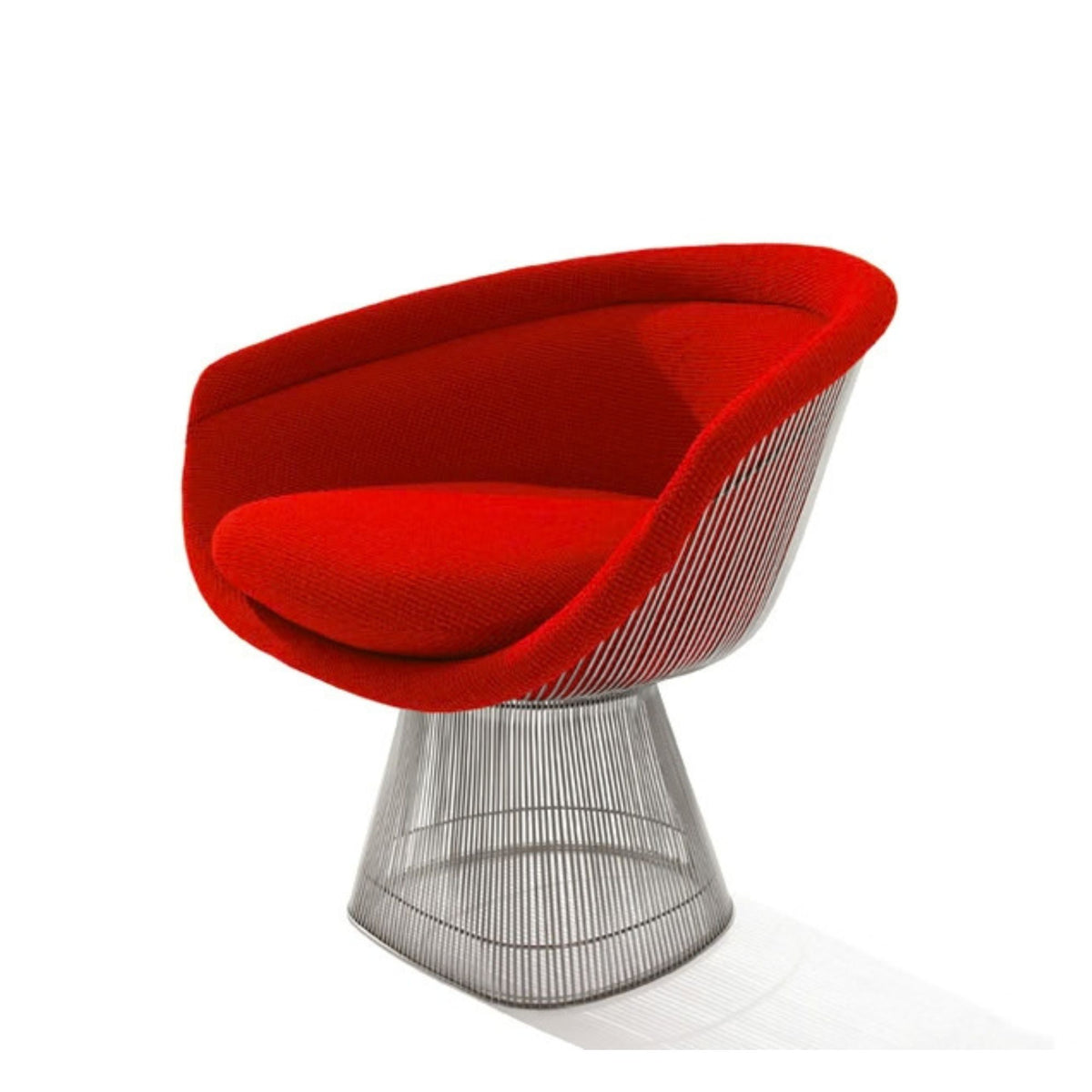 Red upholstered Platner wire lounge chair with a sculptural stainless steel rod base, designed in the iconic mid-century modern style by Warren Platner, ideal for luxury residential and commercial interiors