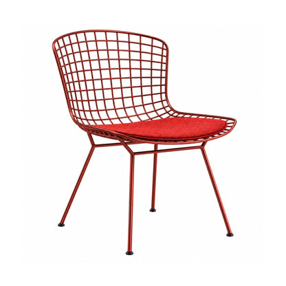 Red steel wire chair with a matching red upholstered seat on a white background
