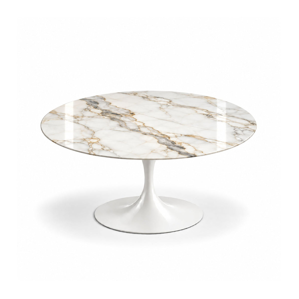 Regalia Gold Tulip coffee table featuring a polished Arabescato Gold marble tabletop with elegant grey and gold veining, paired with a glossy white tulip pedestal base. A luxurious statement coffee table for modern, contemporary, Scandinavian, and mid-century living room interiors.