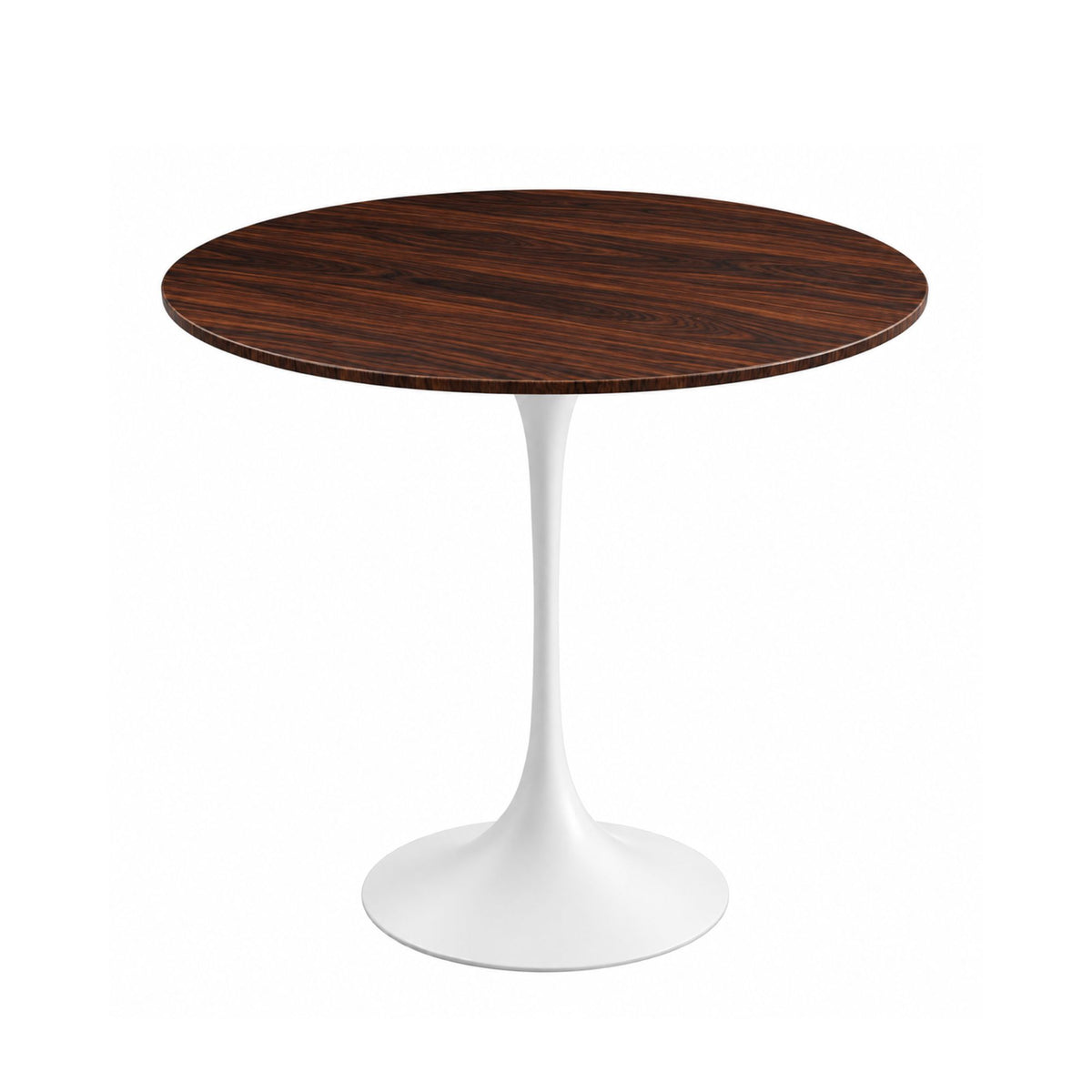 Rosewood Elegance Tulip side table featuring a premium rosewood veneer tabletop with rich dark wood grain and a glossy white tulip pedestal base. A luxury Italian designer side table for modern, contemporary, Scandinavian, and mid-century living room interiors.