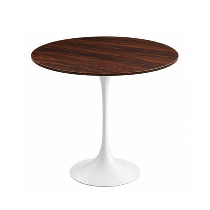 Rosewood Elegance Tulip side table featuring a premium rosewood veneer tabletop with rich dark wood grain and a glossy white tulip pedestal base. A luxury Italian designer side table for modern, contemporary, Scandinavian, and mid-century living room interiors.