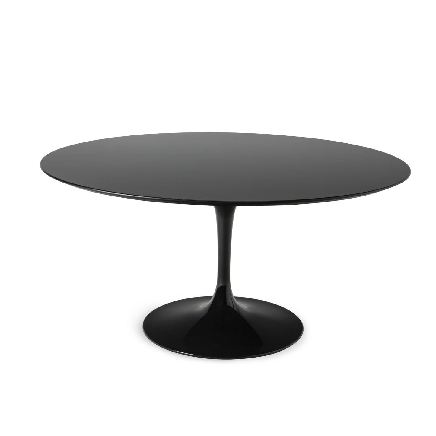 Round black tulip dining table with pedestal base isolated on a white background with clean minimalist design