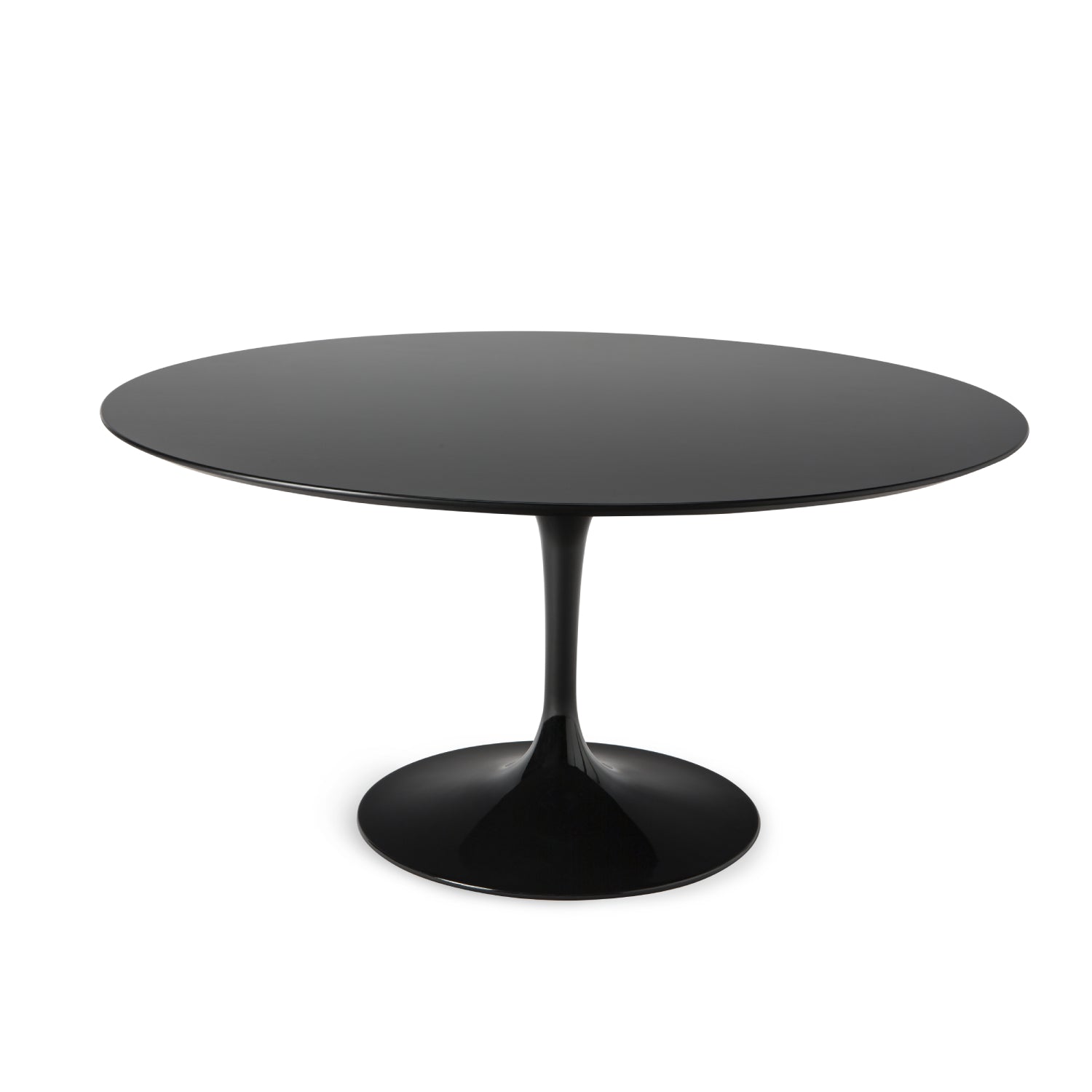 Round black tulip dining table with pedestal base isolated on a white background with clean minimalist design