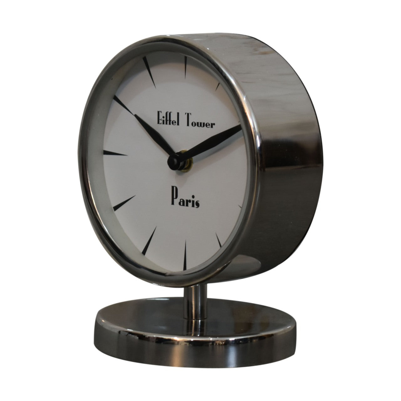 Round Chrome Artisan Table Clock with White Face