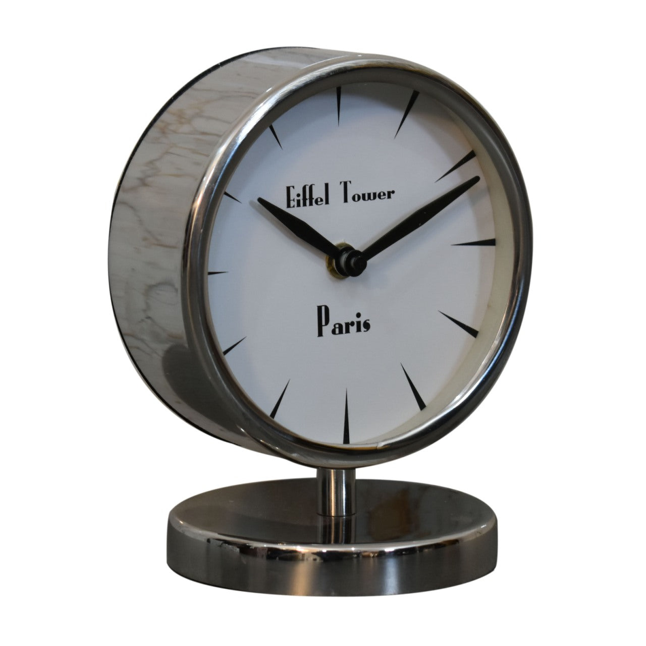 Round Chrome Artisan Table Clock with White Face