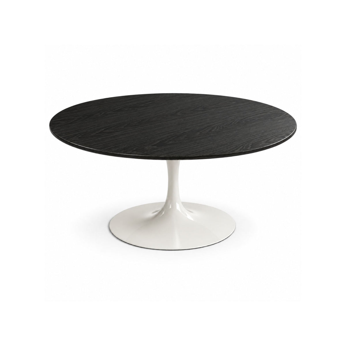 Round Tulip dining table with a black lacquered solid oak tabletop and white cast aluminium pedestal base, handcrafted in Italy for modern and mid-century dining interiors.