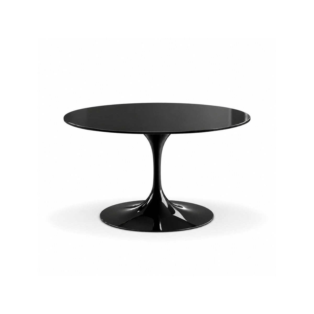 Round Tulip dining table with a scratch-resistant black liquid laminate tabletop and gloss black cast aluminium pedestal base, handcrafted in Italy for modern dining spaces.