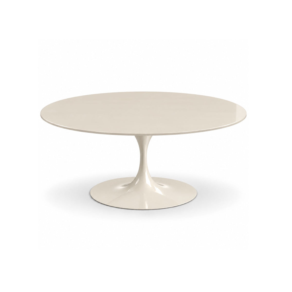 Round Tulip dining table with a cream lacquered top and matching cream pedestal base, inspired by the iconic mid-century modern Saarinen design.