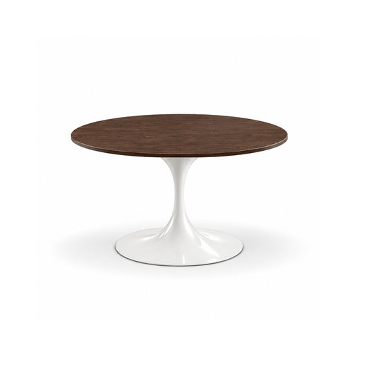 Round Tulip dining table featuring a dark walnut solid oak tabletop with a sculptural white pedestal base, handcrafted in Italy for modern and mid-century dining spaces.