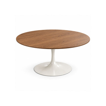 Round Tulip dining table with a light walnut wood veneer top and glossy white pedestal base, modern Italian designer dining table for contemporary kitchens and dining rooms.