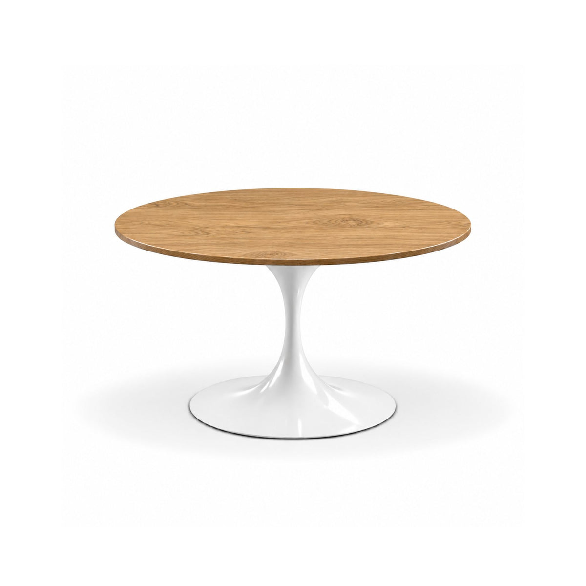 Round Tulip dining table with a natural solid oak tabletop and white cast aluminium pedestal base, handcrafted in Italy for contemporary and Scandinavian-inspired dining spaces.