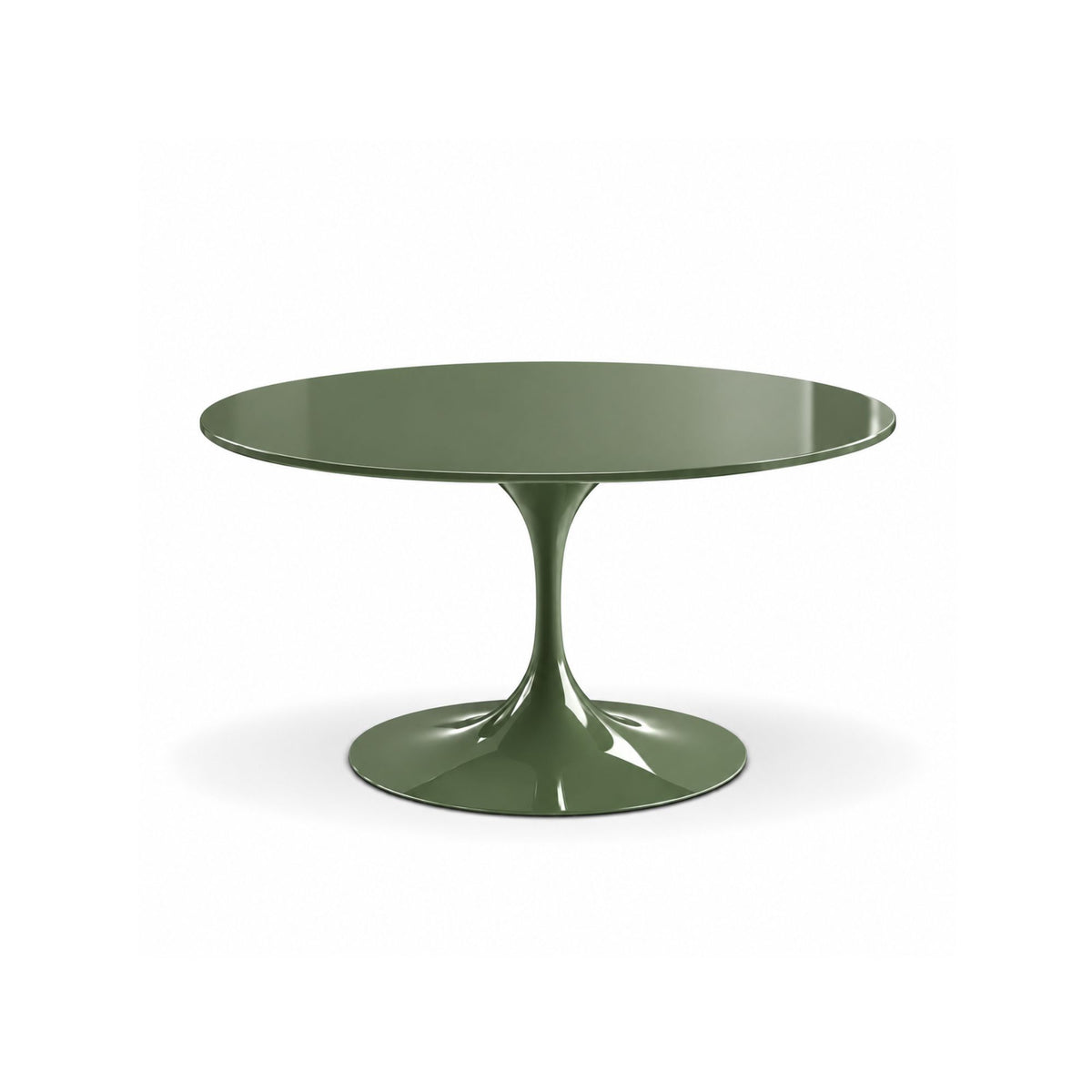 Round Tulip dining table with an olive green liquid laminate top and matching olive green pedestal base, handcrafted in Italy for contemporary dining interiors.