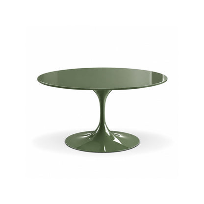 Round Tulip dining table with an olive green liquid laminate top and matching olive green pedestal base, handcrafted in Italy for contemporary dining interiors.